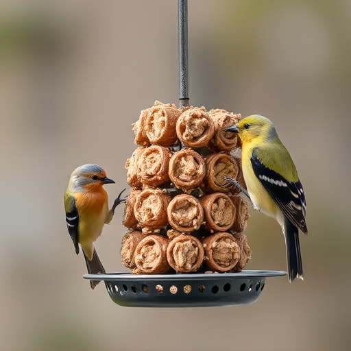 Birds feeding on suet balls feeder