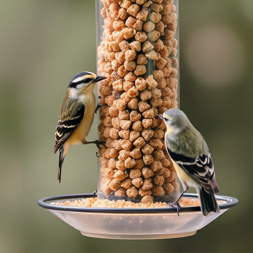 Birds feeding on suet balls feeder