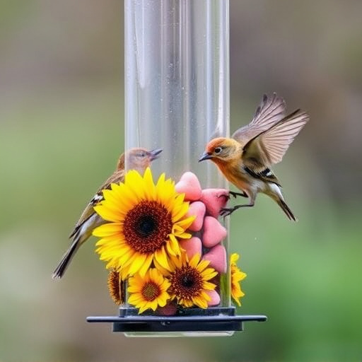 Birds feeding on sunflower hearts feeder