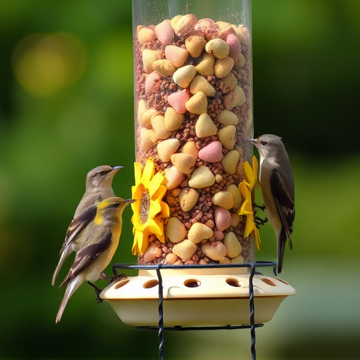 Birds feeding on sunflower hearts feeder