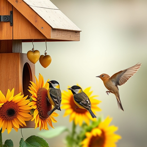 Birds feeding on sunflower hearts outdoors