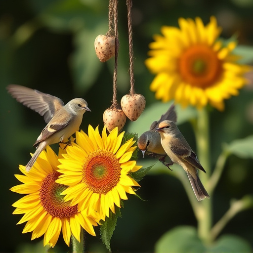 Birds feeding on sunflower hearts outdoors