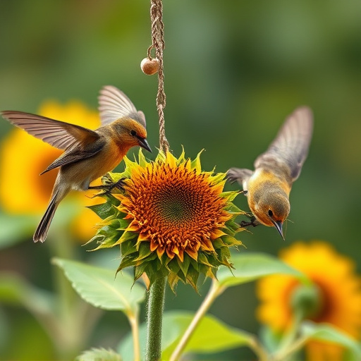 Birds feeding on sunflower hearts outdoors