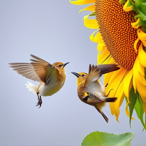 Birds feeding on sunflower seeds