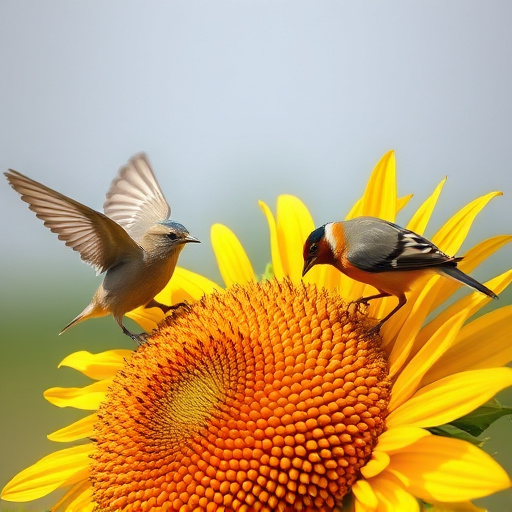 Birds feeding on sunflower seeds