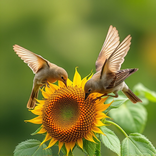Birds feeding on sunflower seeds