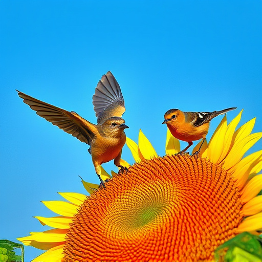 Birds feeding on sunflower seeds