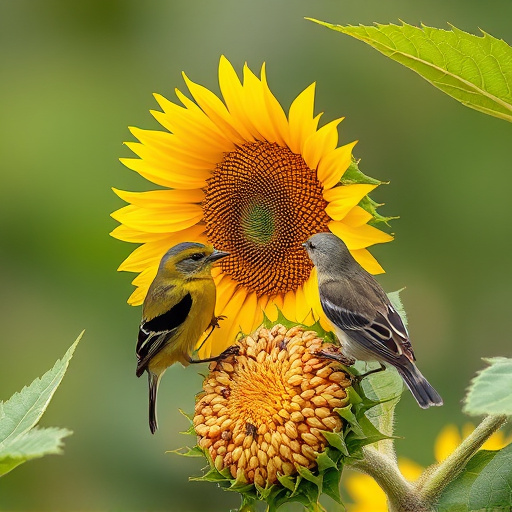 Birds feeding on sunflower seeds