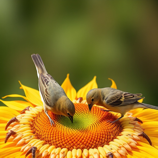 Birds feeding on sunflower seeds