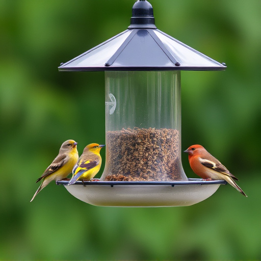 Birds feeding on suspended platform feeder