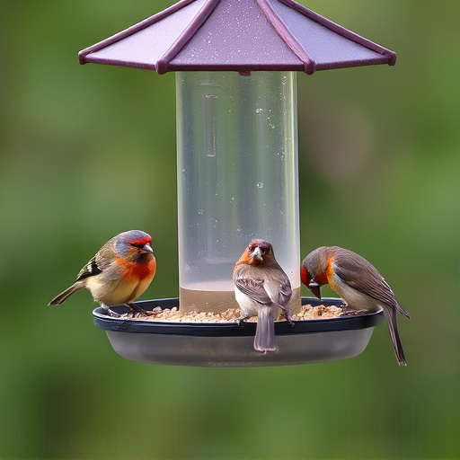 Birds feeding on suspended platform feeder