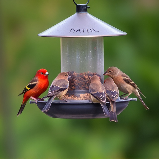 Birds feeding on suspended platform feeder