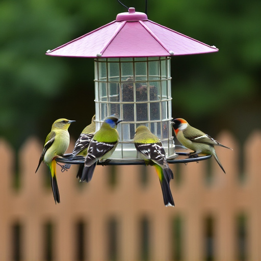Birds feeding on suspended platform feeder