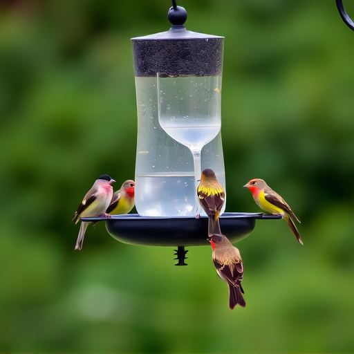 Birds feeding on suspended platform feeder