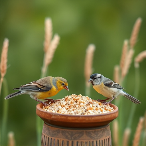 Birds feeding on wheat-free mix