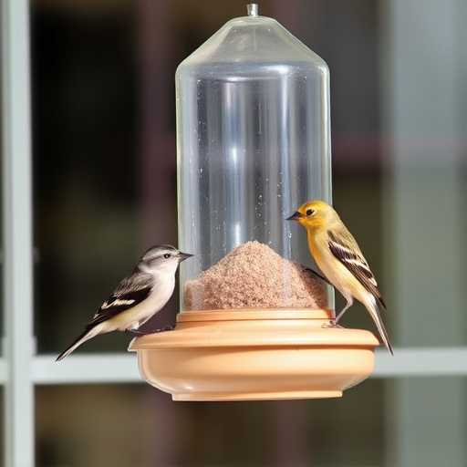 Birds feeding on window bird feeder