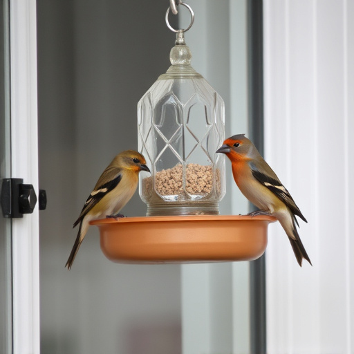 Birds feeding on window bird feeder