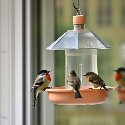 Birds feeding on window bird feeder
