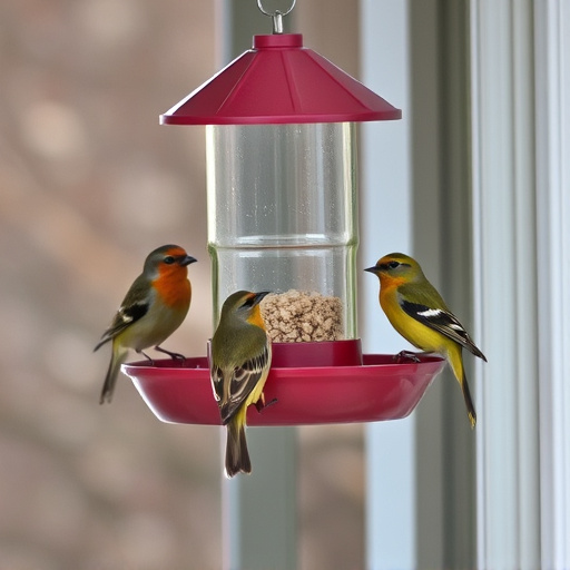 Birds feeding on window bird feeder