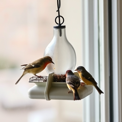 Birds feeding on window bird feeder