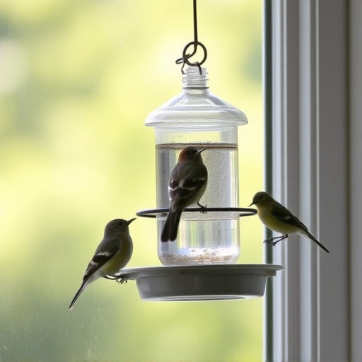 Birds feeding on window bird feeder