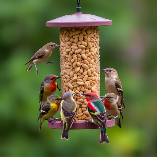 Birds gathered around peanut feeder