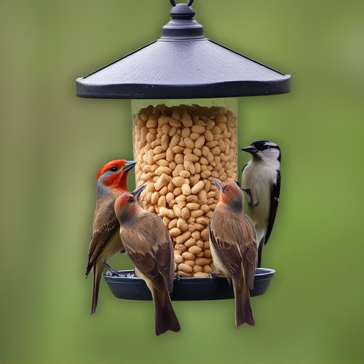 Birds gathered around peanut feeder