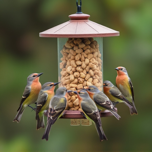 Birds gathered around peanut feeder
