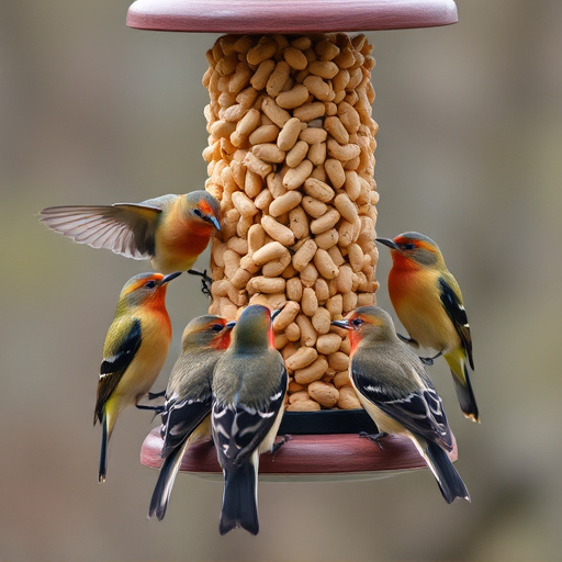 Birds gathered around peanut feeder