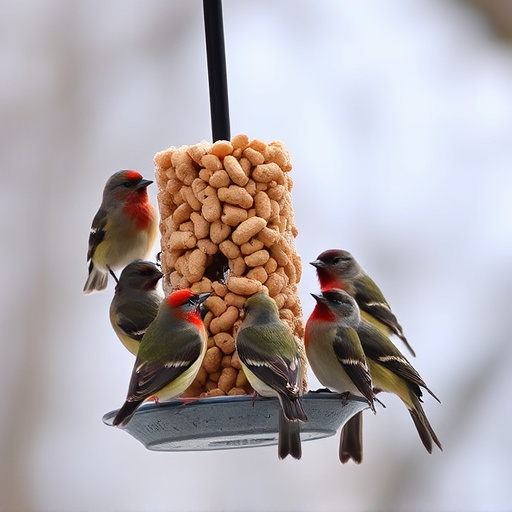 Birds gathered around peanut feeder