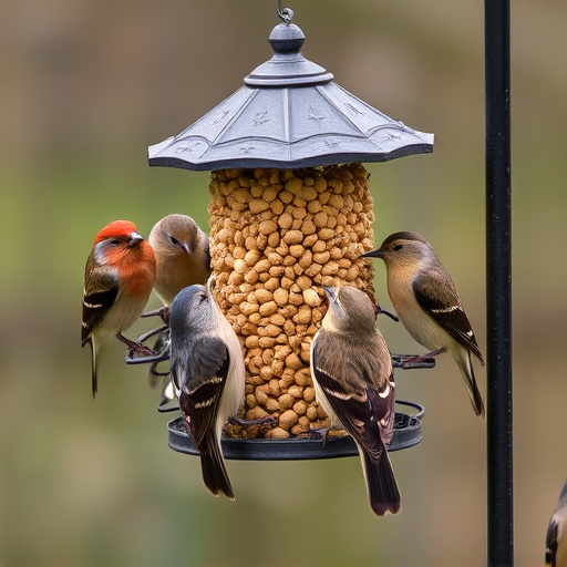 Birds gathered around peanut feeder