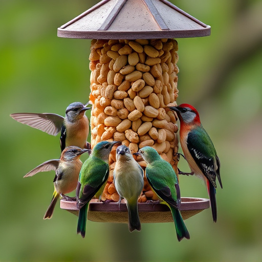 Birds gathered around peanut feeder