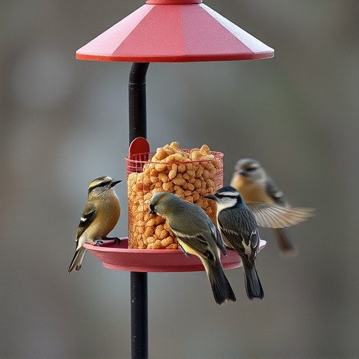 Birds gathered around peanut feeder