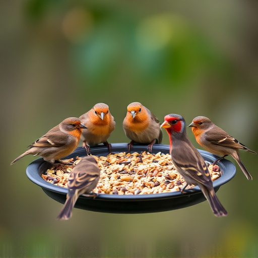 Birds gathered around seed-filled tray