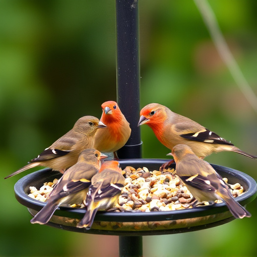 Birds gathered around seed-filled tray