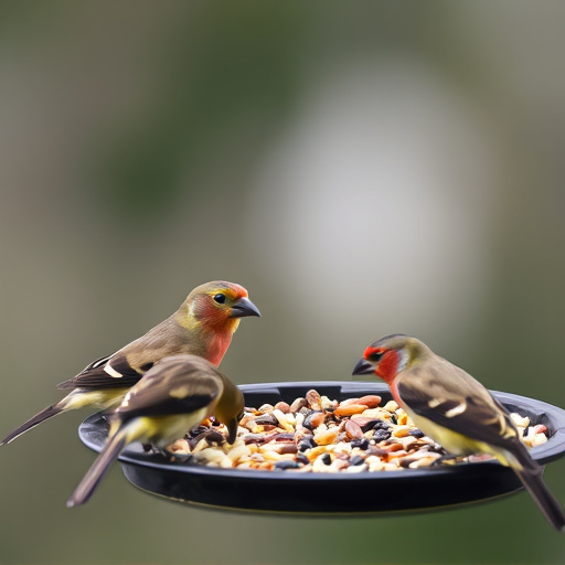 Birds gathered around seed-filled tray