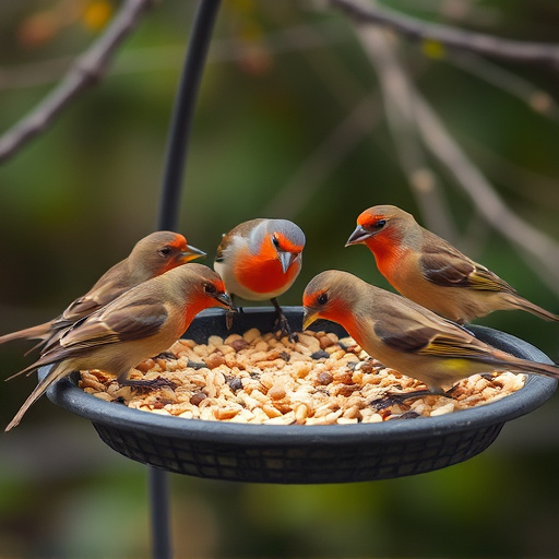 Birds gathered around seed-filled tray
