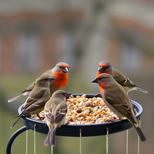Birds gathered around seed-filled tray