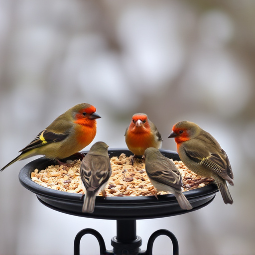 Birds gathered around seed-filled tray