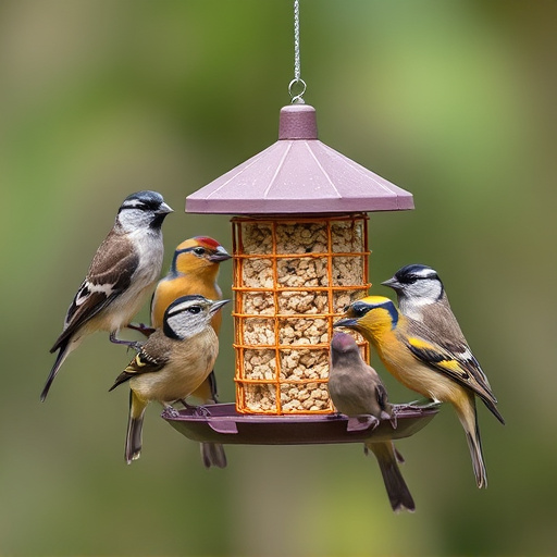 Birds gathering around hanging suet feeder