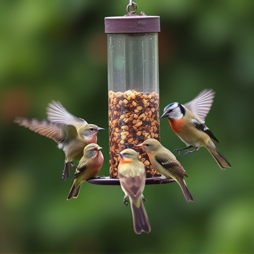 Birds gathering around hanging suet feeder