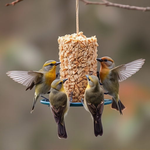 Birds gathering around hanging suet feeder