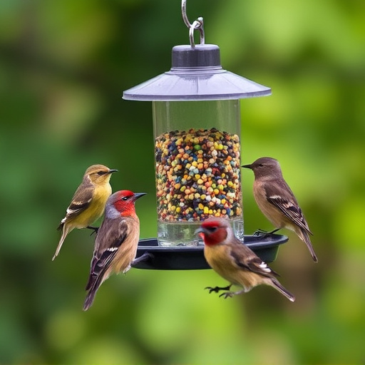 Birds gathering around hanging suet feeder