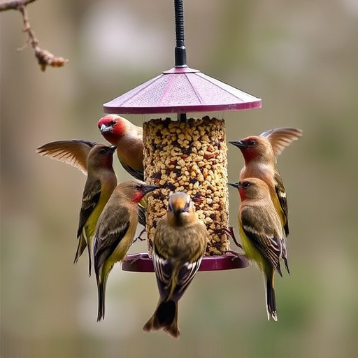 Birds gathering around hanging suet feeder