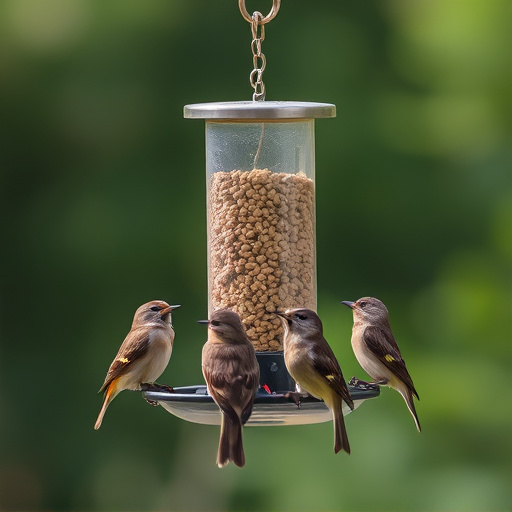 Birds gathering around hanging suet feeder
