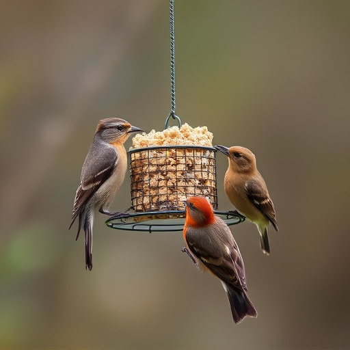 Birds gathering around hanging suet feeder