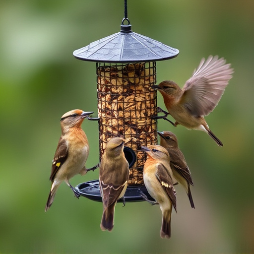 Birds gathering around hanging suet feeder