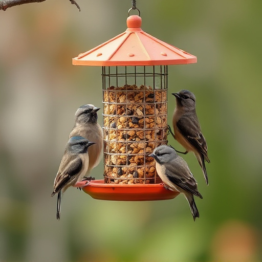 Birds gathering around hanging suet feeder