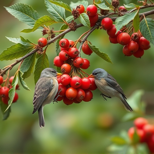 Birds pecking at ripe rowan berries