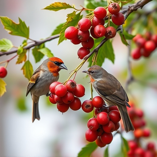 Birds pecking at ripe rowan berries
